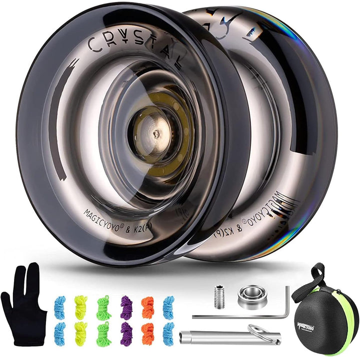 K2 Crystal Black Yoyo Professional, Responsive Yoyo for Kids Beginners with Extra Unresponsive Yo Yo Bearing, Pro Plastic Trick Yo Yo for Adults+12 Stings+Bearing Removal Tool+Storage Bag