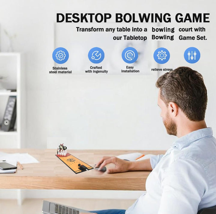 Desktop Mini Bowling Game Set for Office- Quick-Setup Tabletop Bowling Alley with Ball Launcher | Durable Wooden Board Design for Office, Home & Party Fun | Stress-Relieving Desk Toy Gift for Adults