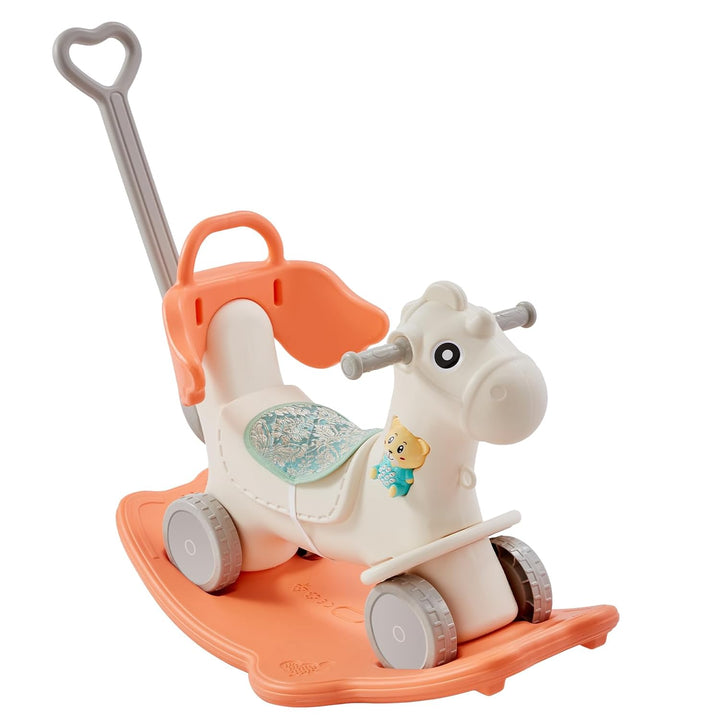 4 in 1 Rocking Horse for Toddlers 1-3 Years, Baby Rocking Horse with Detachable Balance Board, Push Handle and 4 Smooth Wheels, Support up to HDPE 80 Lbs Kids Ride on Toy with Sound, Blue