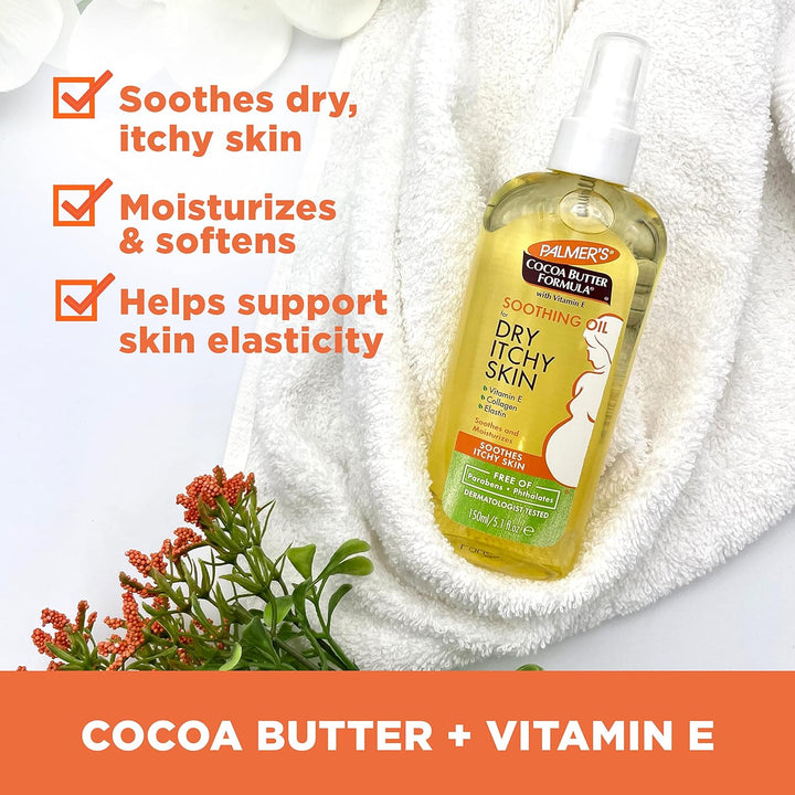 Cocoa Butter Formula Soothing Oil with Vitamin E, Dry, Itchy Skin Relief, Anti-Itch Body Oil, 5.1 Ounces