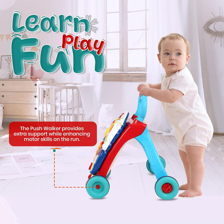 Baby Walker Push with Wheels, Sit-To-Stand Walker for Baby Boy and Girl 6-12 Months with Detachable Play Panel, Stable Handle, Early Learning Activity for Kids - Blue