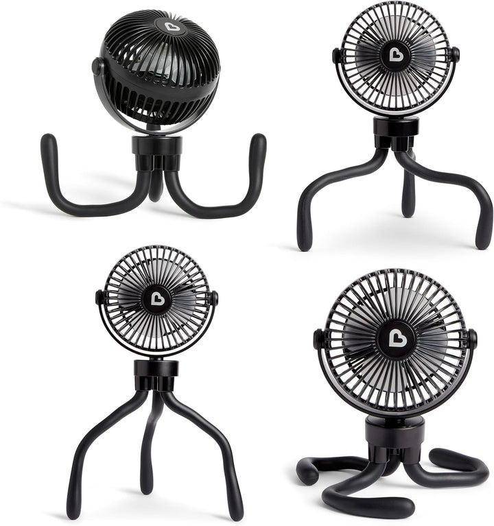 Stroller Fan - Portable Fan for Travel, Baby Gear Accessory with 4 Speeds, Flexible Clip-On Leg Attachment, Rechargeable Battery, Black with Multicolored LED Lights
