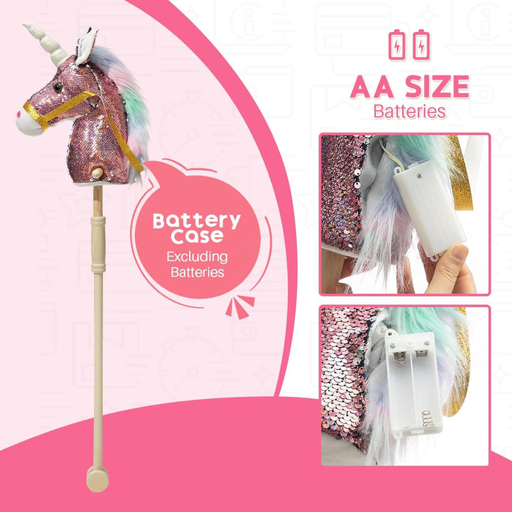Sequin Unicorn Stick Horse Handcrafted Hobby Horse on a Stick with Wood Wheels Real Pony Neighing and Galloping Sounds Plush Unicorn Toy Pink 36 Inches(Aa Batteries Required)