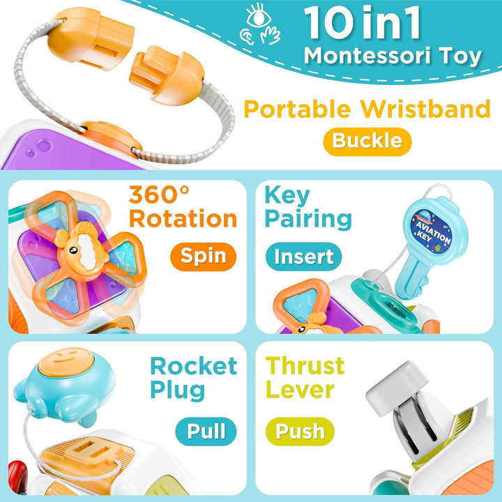 10 in 1 Baby Busy Board Cube, Montessori Sensory Toy Toddler 1-3, Infant Carseat Plane Travel, Kid Education Learning Activity, Birthday Gift 6 9 10 12 18 Month 1 2 Year Old Boy Girl