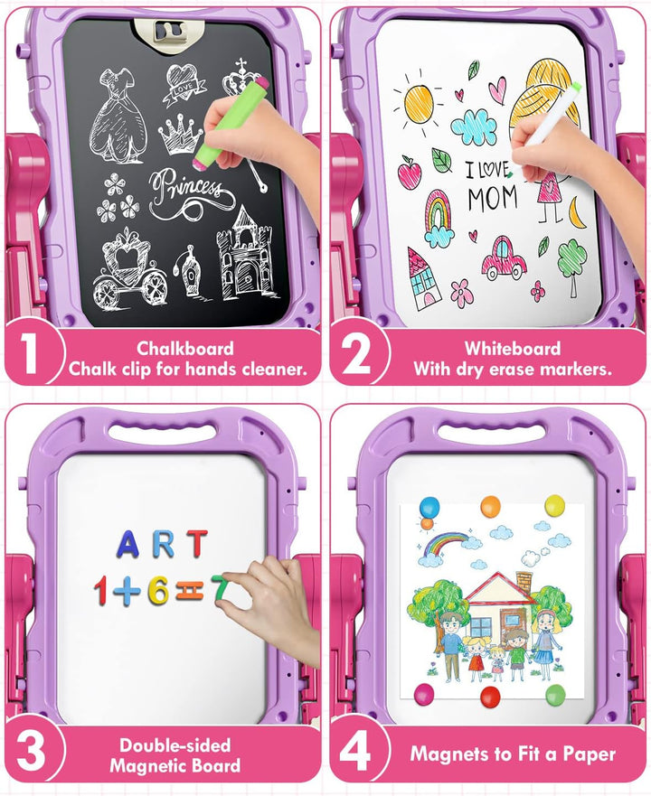 Easel for Kids, Double Sided Kids Art Easel with Magnetic White Board Chalk Board, Adjustable Standing Toddler Easel with Drawing Accessories, Gift for Girls 3 4 Years Old