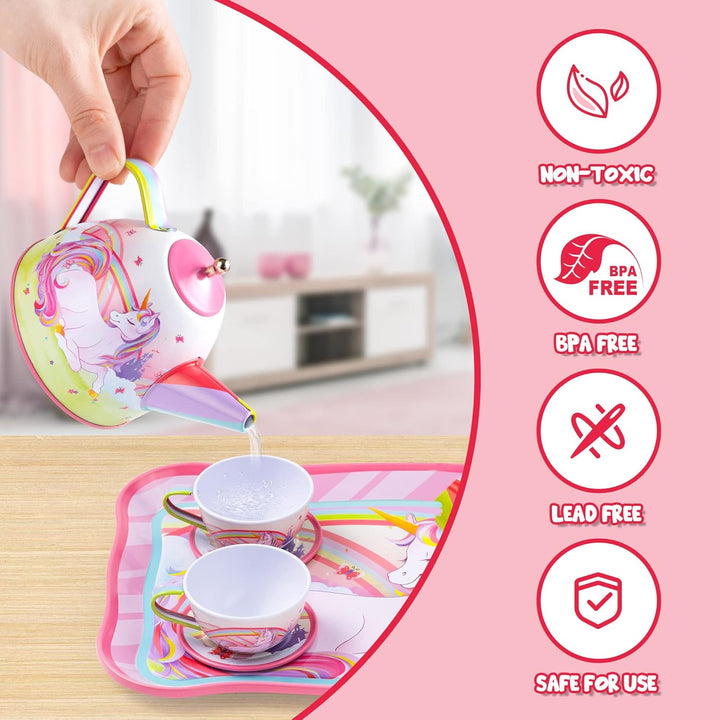 Unicorn Tea Set for Toddlers Tea Party Set for Children Kids Pretend Role Play Tin Teapot Set with Cups, Plates and Carrying Case Kitchen Toy for Little Girls Birthday Gifts Age 3 4 5 6