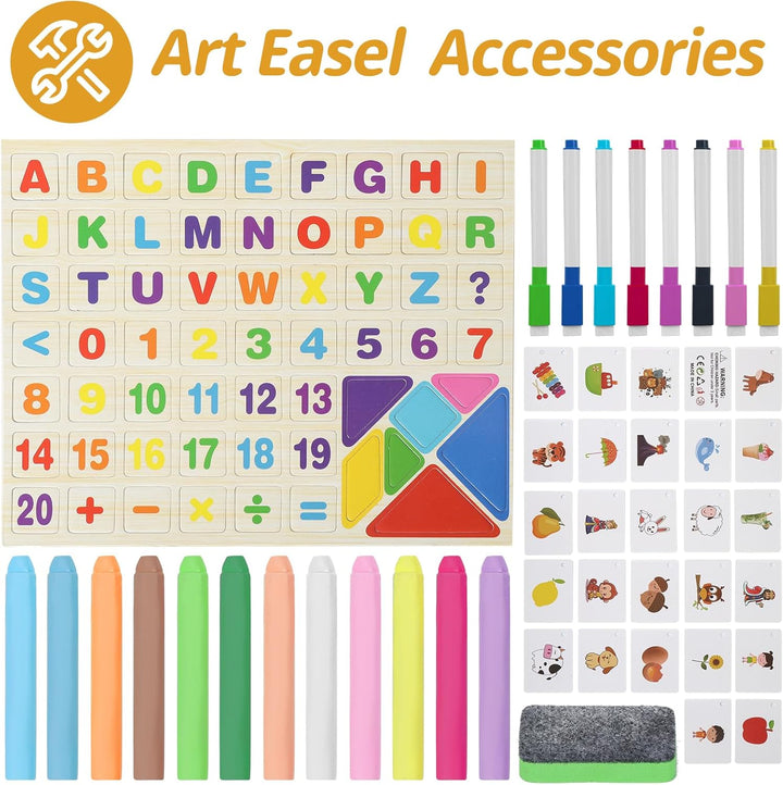 Tabletop Painting Wooden Art Easel for Kids - 4-In-1 Double-Sided Drawing Board for Toddlers 2-4, Chalkboard & Dry Whiteboard with Chalk,Markers, Eraser, Magnetic Letters/Numbers & Flashcards