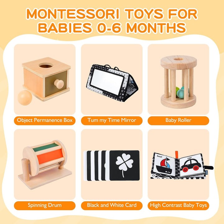 Montessori Toys for Babies 0-6 Months, 6 in 1 Learning Educational Set for for Newborn, Toddlers Gifts Includes Spinning Drum, Object Permanence Box, Baby Roller Tummy Time Mirror and More