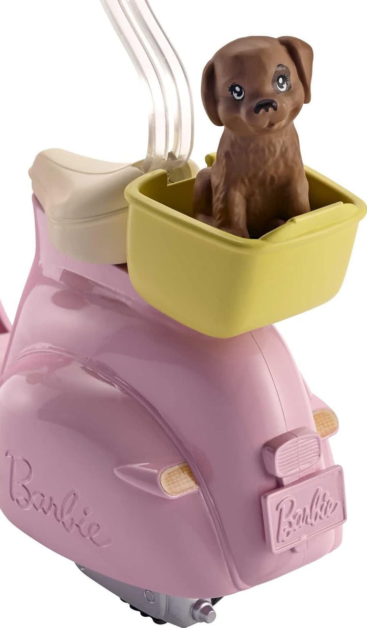 Toy Scooter with Puppy & Helmet Accessory, Pink & Yellow Moped with Basket, Kickstand & Seat Clip for Doll