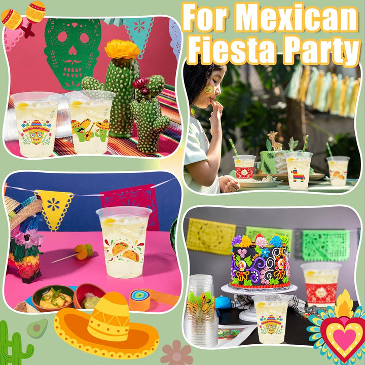 50Pcs Fiesta Cups,12Oz Plastic Disposable Clear Mexican Cups with 5 Pattern Designs for Cinco De Mayo Drinkware Party Supplies Taco Birthday Party Decorations