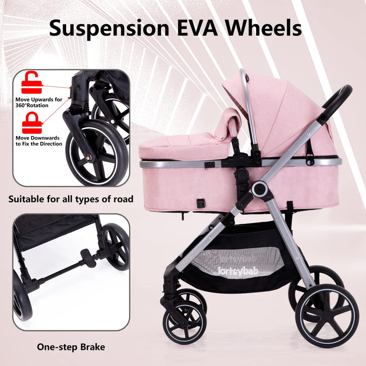 2-In-1 Baby Stroller with Bassinet Mode - Folding Infant Newborn Pram Stroller with Reversible Seat - Toddler Strollers for 0-36 Months Old Babies (Pink)