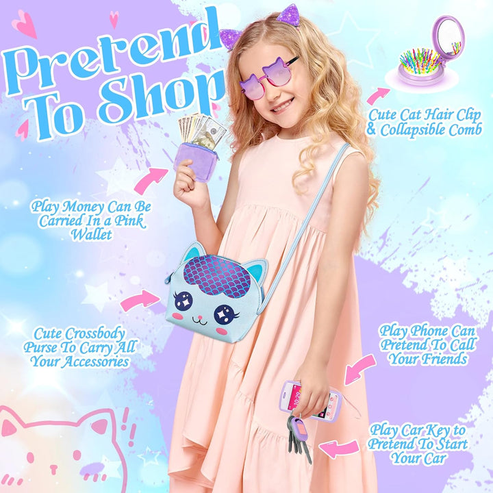 Toddler Play Purse for Little Girls, 30PCS Kids Purse with Pretend Play Princess Toys Includes Crossbody Bag, Phone, Wallet, Cat Sunglasses, Hair Clip, Kids Toy Birthday Gift Toy for Girls 3 4 5 6+
