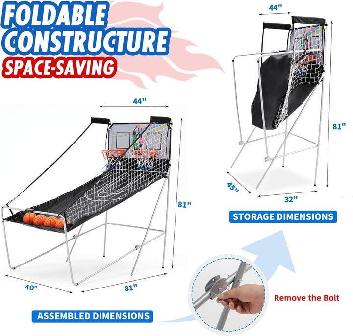 Foldable Electronic Dual Basketball Arcade Game,Double Shot 2 Player, 8 Game Options W/4 Balls LED Scoring System & Indoor Basketball Game for Youth, Adults