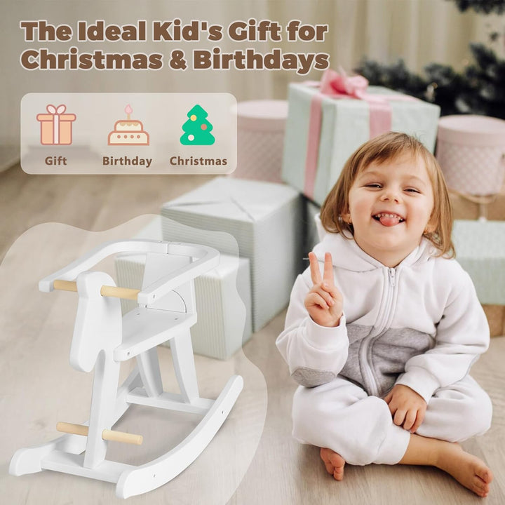 - Wooden Rocking Horse, Baby Wooden Ride on Toys for 12M+, White Rocker Toy with Removable Fence, Toddler Riding Toy Indoor/Outdoor, Nursery Birthday Gift