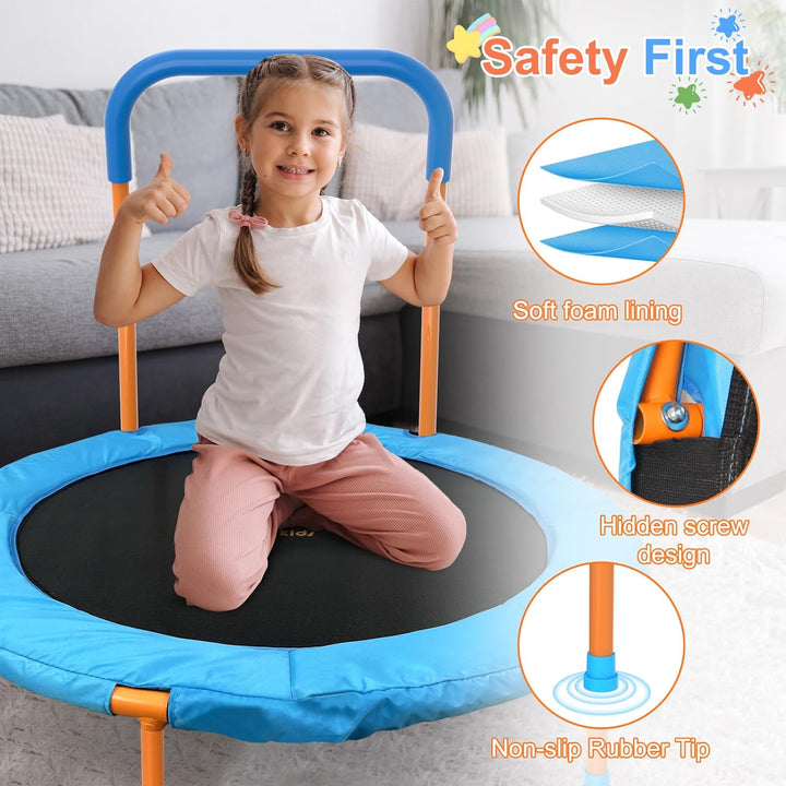 36Inch Mini Toddler Trampoline for Kids Ages 2-6 Indoor Outdoor Folding Small Rebounder Trampoline with Foam Handle Safety Padded Cover Fun for Kids