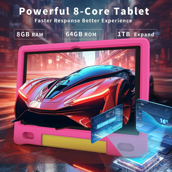 Kids Tablet with Strap, Android 14 Tablet for Kids 10 Inch, Toddler Tablets Octa-Core 64GB 1TB Expandable, Children'S Tablets with Case, Bluetooth Wifi Parental Control Dual