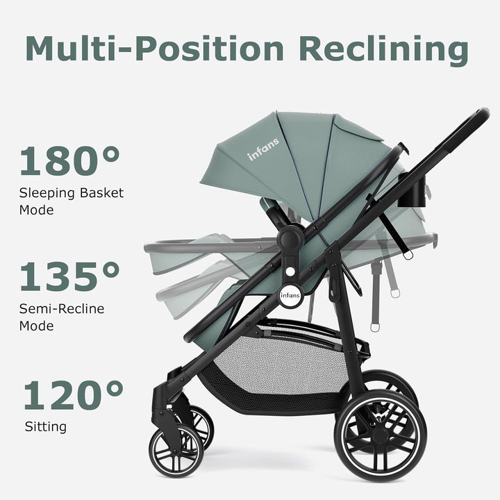 2 in 1 Baby Stroller, High Landscape Infant Stroller & Reversible Bassinet Pram, Foldable Pushchair with Adjustable Canopy, Cup Holder, Storage Basket, Suspension Wheels (Green)