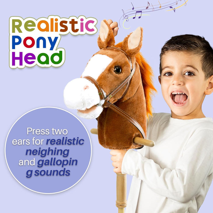 Stick Horse Plush Handcrafted Hobby Horse on a Stick with Wood Wheels Real Pony Neighing and Galloping Sounds for Kids Toddlers Dark Brown 36 Inches(Aa Batteries Required)