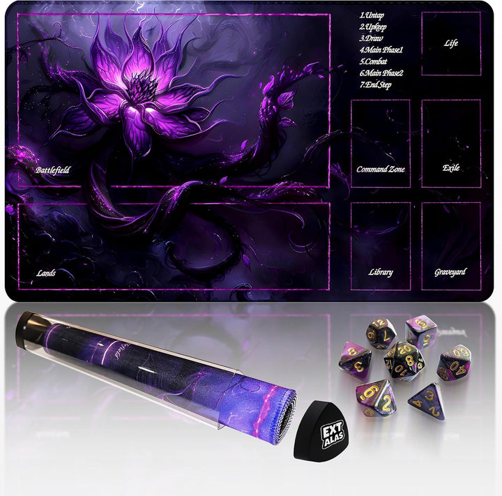 MTG Playmat TCG Playmat -Includes Storage Tube and 7 Dice-Experience Top-Tier Quality and Edge-Locking Waterproof and Non-Slip Mat! (Playmat without Zones, 1-Pretty Purple Fluorescence)