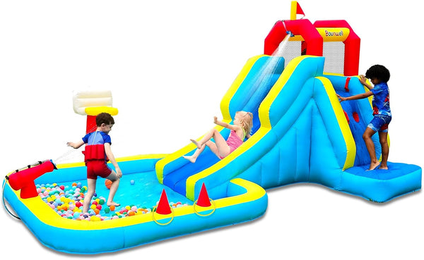 Inflatable Water Slide, Blow up Water Slide with Climbing Wall, Water Slide for Kids Backyard with Basketball Hoop, Water Cannon and Splash Pool
