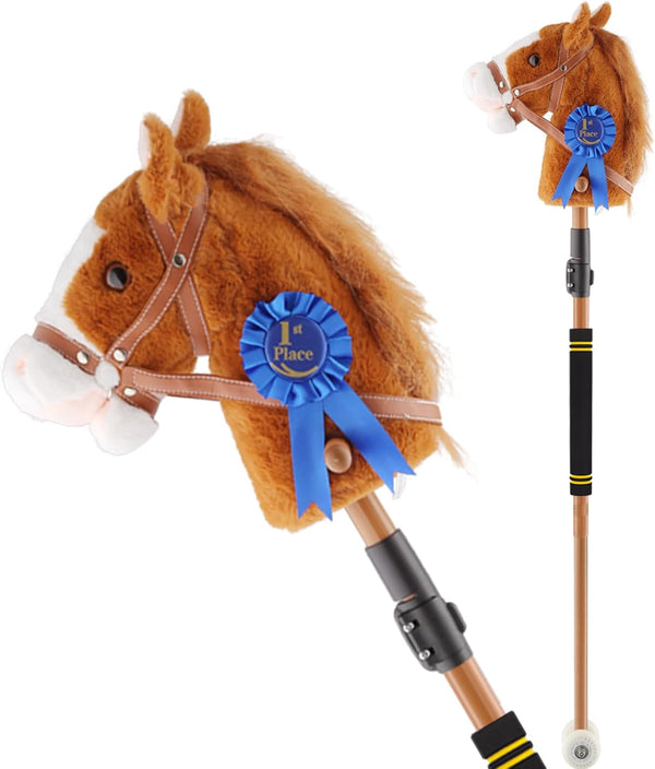 Stick Horse, Hobby Horse on a Stick for Kids Ages 4-12 Adjustable 30-52" with Illuminated Silent Wheels Comfortable Sponge Wrapped Complimentary AA Batteries Realistic Horse Neighs. (Brown-Blue)
