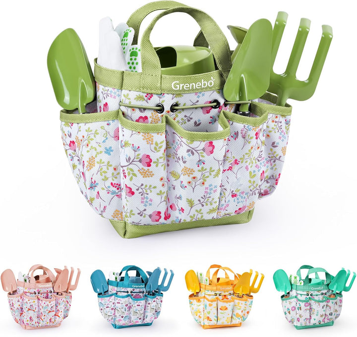 Kids Gardening Set Toys, Quality Garden Tool Kit for Kids and Toddlers, Includes Two Shovels, Garden Hat,Rake, Apron,Gloves, Watering Can, and Tool Bag (Pink)