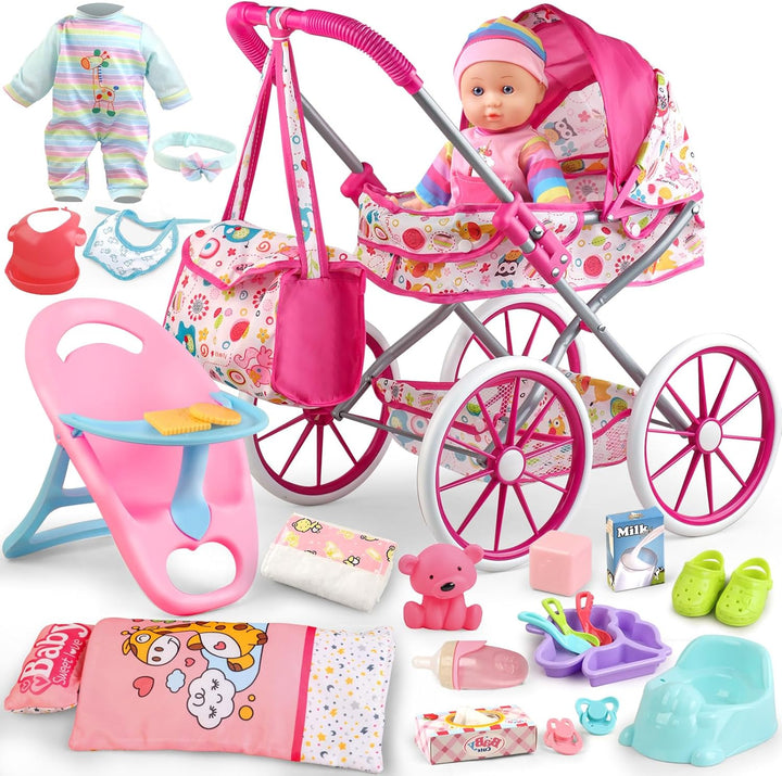 Baby Doll Stroller Toys Set with 12.5" Baby Doll,Dining Chair,Quilt Pillow,24 PCS Doll Accessories and 2 Sets Doll Clothes,Baby Stroller Toys for Girls Toddlers 3-5 4-6 5-7 Gifts for Pretend Play
