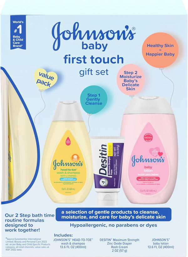 First Touch Baby Gift Set, Baby Bath, Skin & Hair Essential Products, Kit for New Parents with Wash & Shampoo, Lotion, & Diaper Rash Cream, Hypoallergenic & Paraben-Free, 4 Items