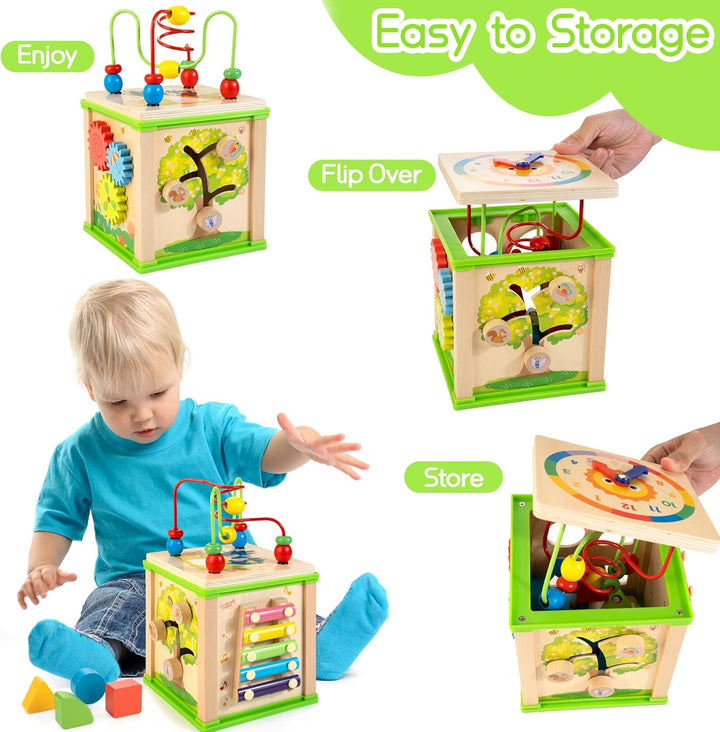 Wooden 7-In-1 Activity Cube| Montessori Toys for 1 2 3 Year Old Toddlers| Baby Educational Developmental Toys |One Year Old Boys Girls First Birthday Gifts |Bonus Sorting & Stacking Board