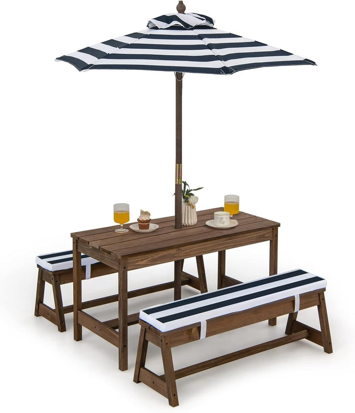 Kids Picnic Table, Outdoor Toddler Wooden Table and Chair Set with Removable Umbrella, Children Activity Furniture Bench Set for Patio Garden Backyard