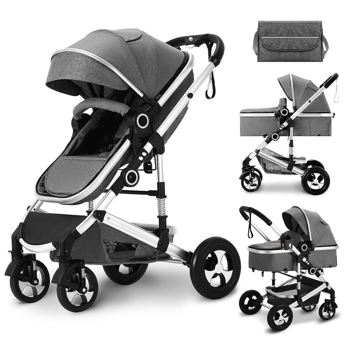 2 in 1 Convertible Baby Stroller, Folding High Landscape Infant Carriage, Newborn Reversible Pram, Diaper Bag, Anti-Shock Toddler Pushchair Stroller, Dark Grey