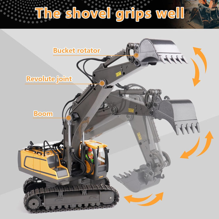 Remote Control Excavator Toy for 6-12 Yr Boys, Best Birthday Gifts for Kids 4-7 8 9 10 11 Year Old, RC Construction Toys with Metal Shovel, Lights, Sounds 2.4Ghz