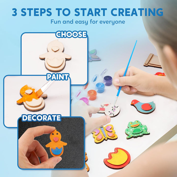 12 Wooden Magnet Creativity Arts & Crafts Painting Kit for Kids, Decorate Your Own Painting Gift for Easter Basket Stuffers, Birthday Parties and Family Crafts, Party Favors for Boys Girls