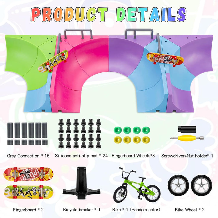 Finger Skateboards Ramp Set,Mini Fingerboard Rail Kit with 12 Ramps,2 Fingerboards,1 Finger Bike, Finger Toy for Kids Adults,Ultimate Skatepark Training Props - Fingerboard Skate Set