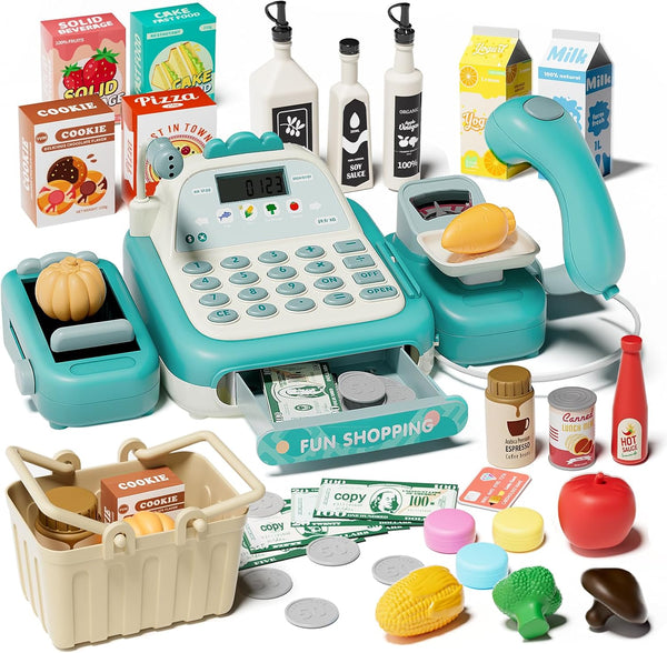 49PCS Pretend Play Cash Register Toy Set for Kids with Real Calculator,Scanner,Microphone,Conveyor Belt,Weighing Tool,Cashier Playset Realistic Gift for Toddler Kid Ages 3 4 5 6 7 8 (Green)