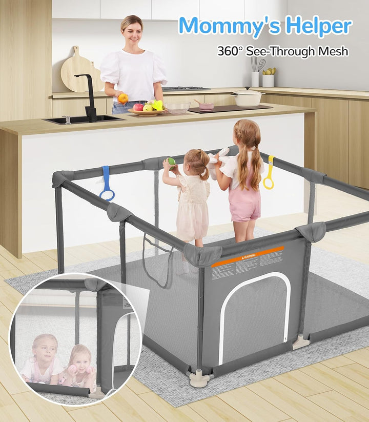 Baby Playpen, 48"×48" Play Pens for Babies and Toddlers, Safe Anti-Fall Play Yard with Gates, Baby Fence with Breathable Mesh, Indoor & Outdoor Kids Activity Center, Anchor Grey