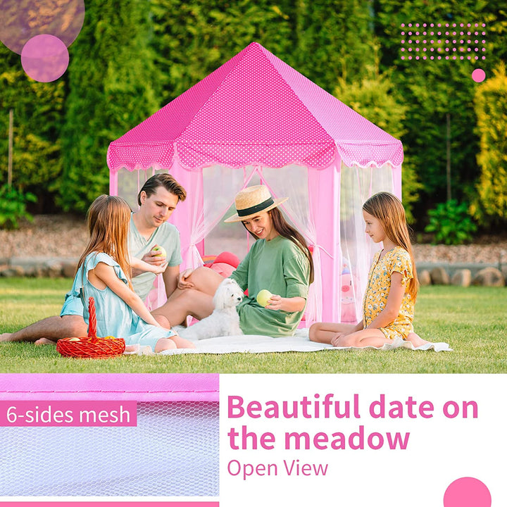 Princess Castle Tent for Girls Fairy Play Tents for Kids Hexagon Playhouse with Fairy Star Lights Toys for Children or Toddlers Indoor or Outdoor Games (Pink)