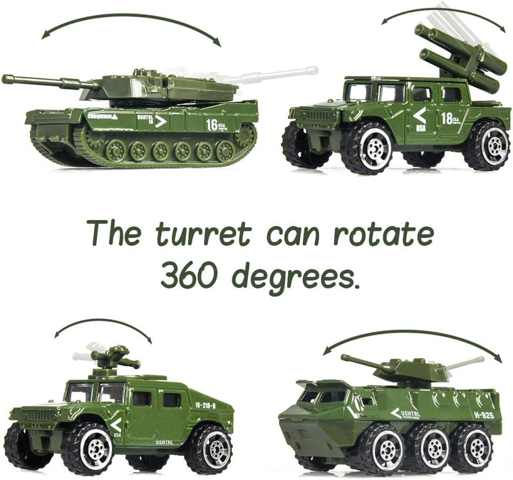 18 Pack Die-Cast Military Vehicles Sets,6 Pack Assorted Alloy Metal Models Car Toys and 12 Pack Soldier Army Men, Mini Army Toy Tank,Panzer,Anti-Air Vehicle,Helicopter Playset for Kids Boys