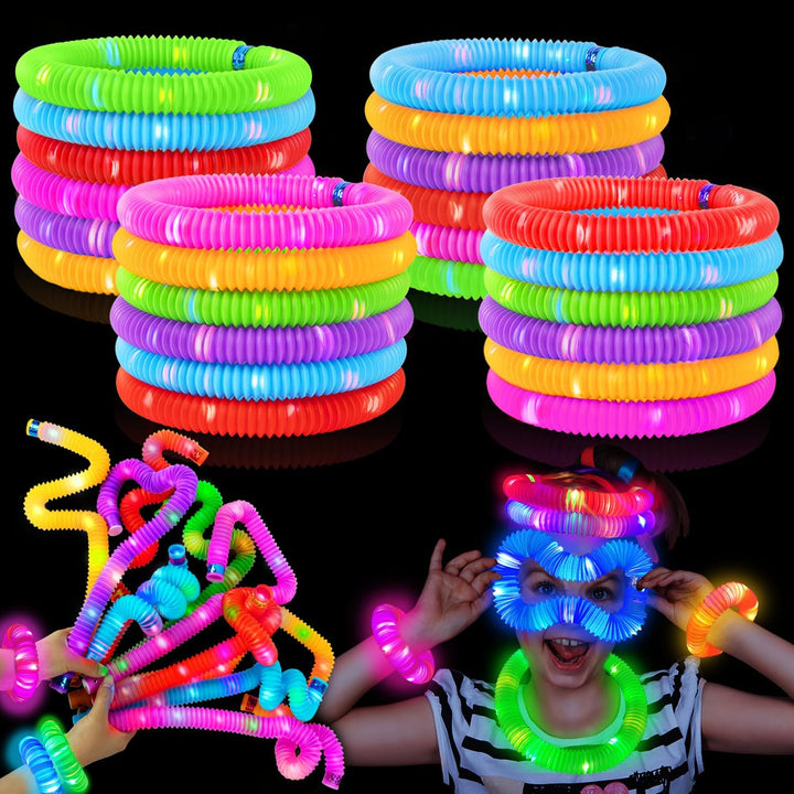 Glow Sticks Camping Essentials for Toddlers-6 PCS Light up Pop Tube Party Favors Toys Gifts for Kids Halloween,Led Bracelet Necklace Accessories,Fun Camp Games Activities Gear Stuff for Boys Girls