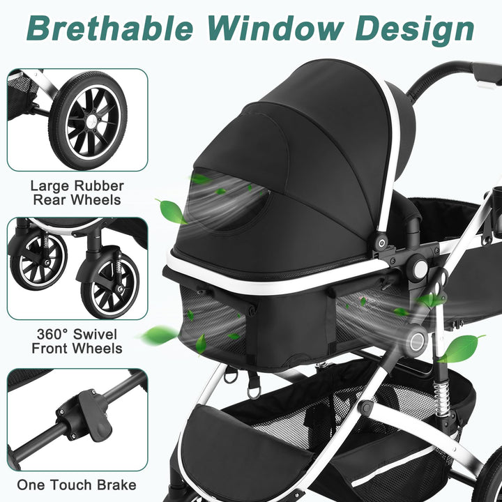 Baby Stroller with Bassinet, Convertible Infant Stroller with Adjustable Backrest & Canopy for Baby, Foldable Newborn Pushchair with Reversible Seat and Cover for 0-36 Months (Dark Black)