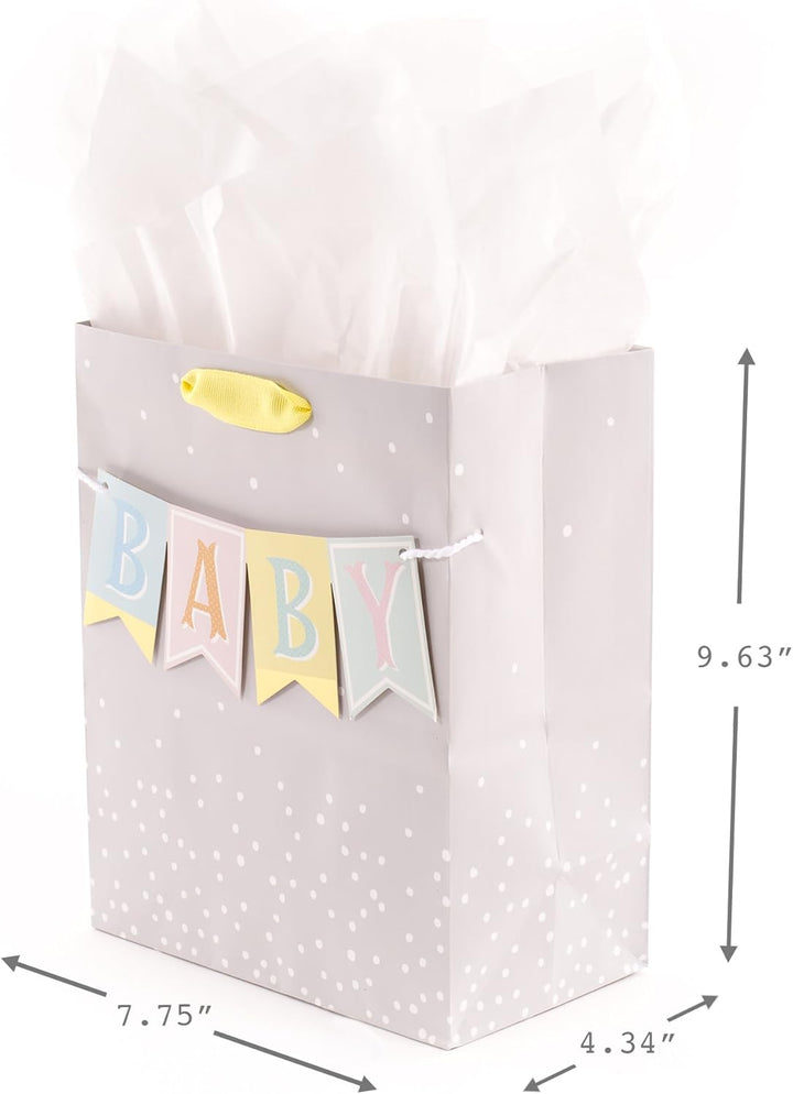 9" Medium Baby Gift Bag with Tissue Paper - Baby Banner in Grey, Pink and Blue for Baby Showers, New Parents, and More