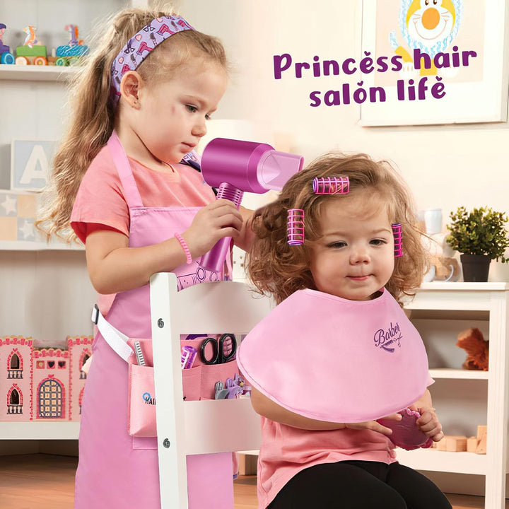 Hair Salon Pretend Play Toys for Girls 3 4 5 6 Year Old, Makeup Playset Toddler Dress up Beauty Hair Stylist Kit with Hairdryer Straightener Apron Portable Box, Birthday Gifts for Girls 4-6