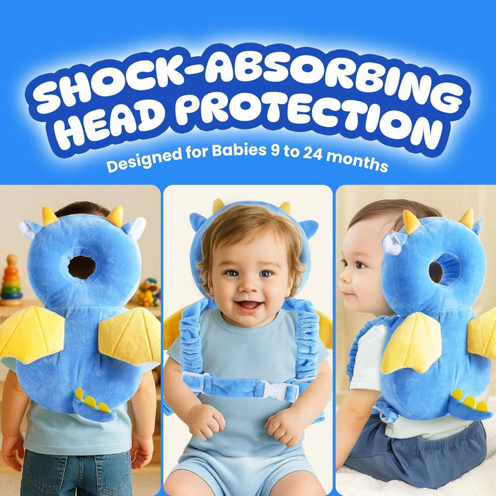 Baby Head Protector Backpack (9 to 24 Months) - Cute Head Guard Pillow with Knee Pads and Socks, Crawling and Walking Safety Set, Toddler Head Cushion Backpack, Blue
