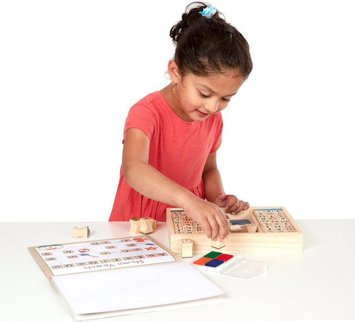 Deluxe Letters and Numbers Wooden Stamp Set Abcs 123S with Activity Book, 4-Color Stamp Pad - FSC Certified