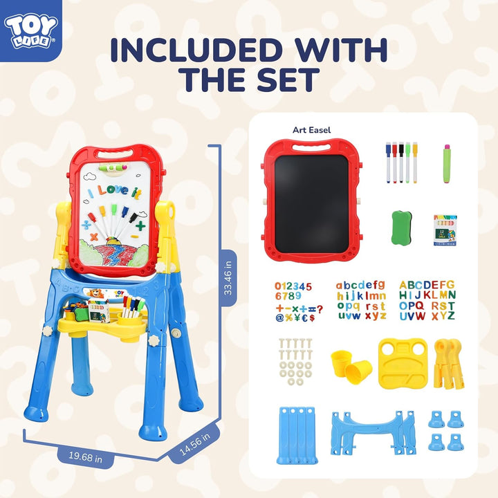 Large Art Easel for Kids, Double-Sided 4In1 Toddler Easel with Rotable Magnetic Chalkboard & White Drawing Board, Height Adjustable with Magnetic Letters & Numbers Gifts for Boys and Girls