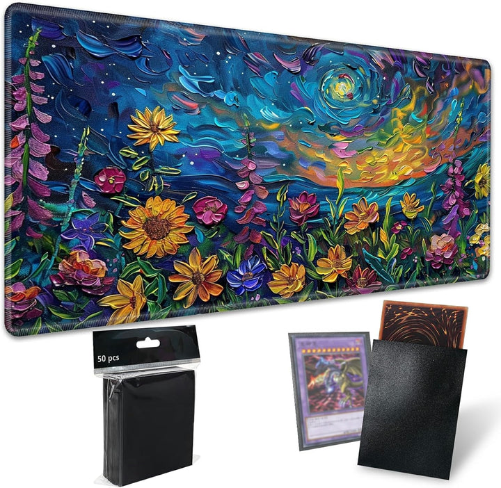 TCG Playmat Board Game Mat plus 50 Pcs Card Sleeves, 24 X 14 Table Mats Game Mousepad with Soft Surface Non-Slip Base for MTG RPG CCG Trading Card Game Playmats, Green Frog