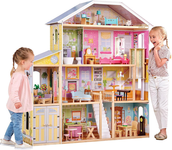 Majestic Mansion Wooden Dollhouse with 34-Piece Accessories, Working Elevator and Garage, Gift for Ages 3+