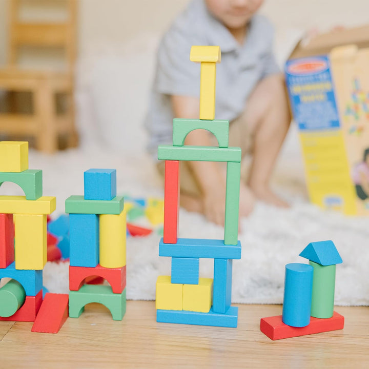 Wooden Building Blocks Set - 100 Blocks in 4 Colors and 9 Shapes - FSC Certified