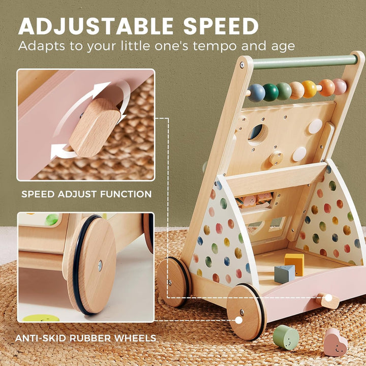 Wooden Baby Walker, Adjustable Speed Baby Push Walker for Boys and Girls, Montessori Activity Center Push Toy for Kids Development (Morandi)