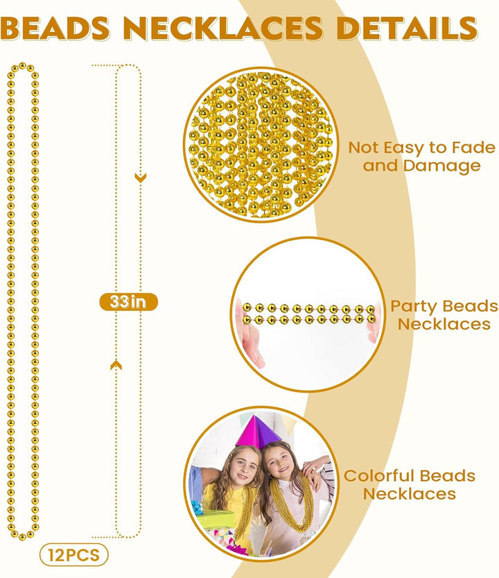 12 PCS Gold Bead Necklaces, Mardi Gras Christmas Beads 33" Metallic Beaded Costume Party Necklaces for Parade Throws, Wedding, Birthday, Pirate Party Favors